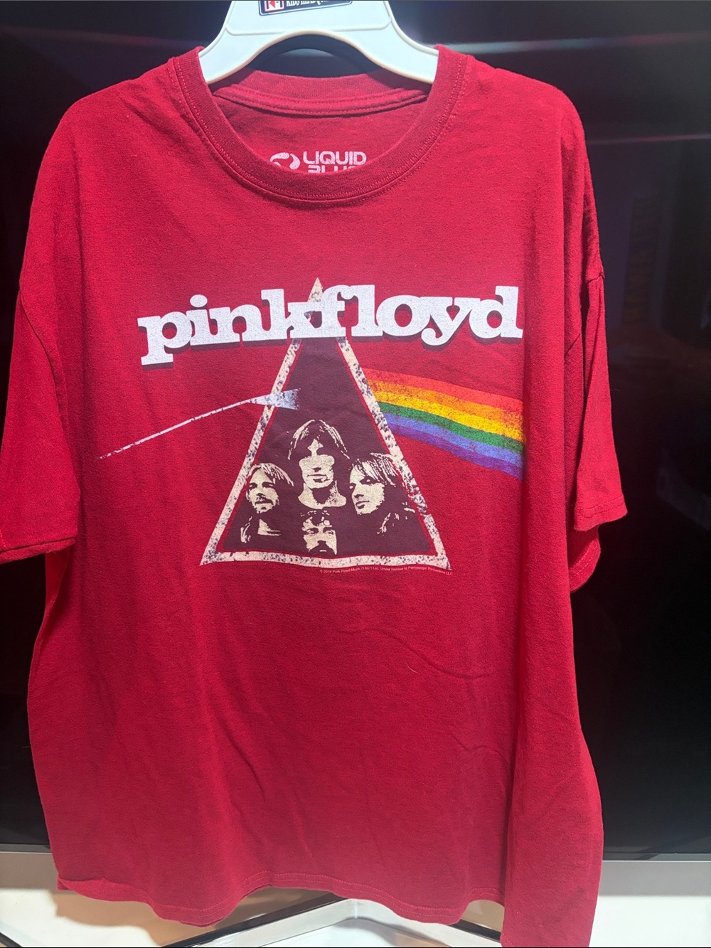 Men’s Liquid Blue Pink Floyd Kids Red Graphic Tee with Rainbow Prism